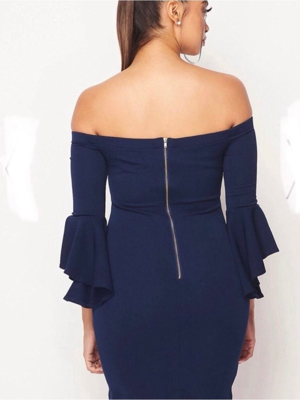 Off-Shoulder Navy Ruffle-Sleeve Bodycon Dress by Teeze Me - Picture 3 of 5